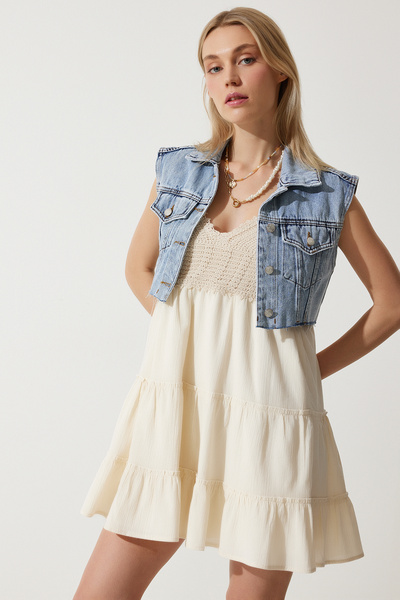 Happiness İstanbul Dámská ledově modrá Crop Denim Vesta RV00115