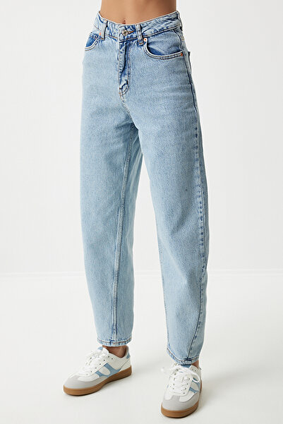 Happiness İstanbul Dámské ledově modré pytlovité džínové kalhoty s vysokým pasem UT00006