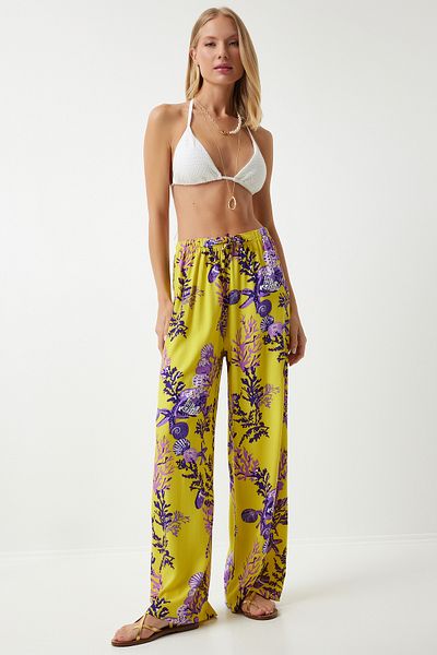 Happiness İstanbul Gelb-lila gemusterte Palazzo-Hose aus fließender Viskose für Damen EN00606