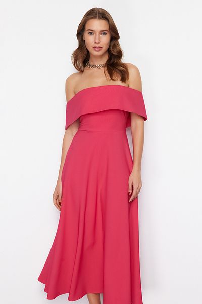 Trendyol Collection Βραδινό φόρεμα μίντι φούξια γιακά Carmen - A-cut Woven TPRSS24EL00210