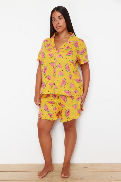 Trendyol Curve Light Orange Watermelon Patterned Shirt Collar Knitted Pajamas Set TBBSS24AI00111