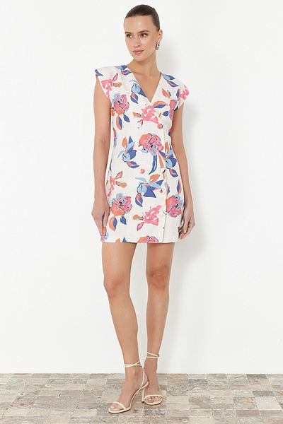 Trendyol Collection Mehrfarbiges, geknöpftes Mini-Jackenkleid aus Leinenmischung mit Blumendruck TWOSS23EL01874