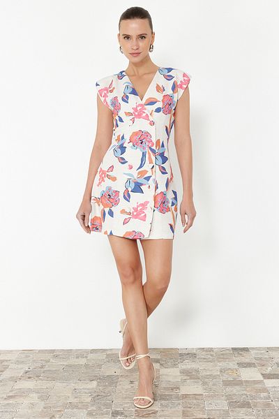 Trendyol Collection Mehrfarbiges, geknöpftes Mini-Jackenkleid aus Leinenmischung mit Blumendruck TWOSS23EL01874