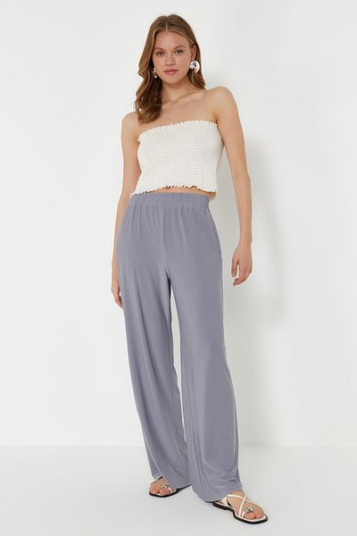 Trendyol Collection Graue Stretch-Strickhose mit hoher Taille - Relaxed Fit Wide Leg TWOSS23PL00129