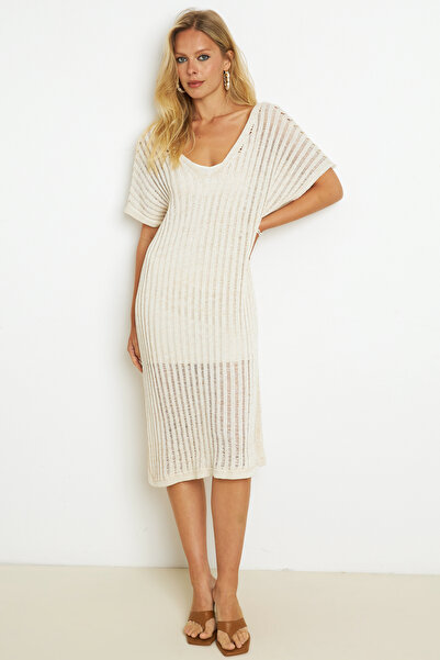 Cool & Sexy Kadın Ekru Astarlı Simli Triko Midi Elbise ET04