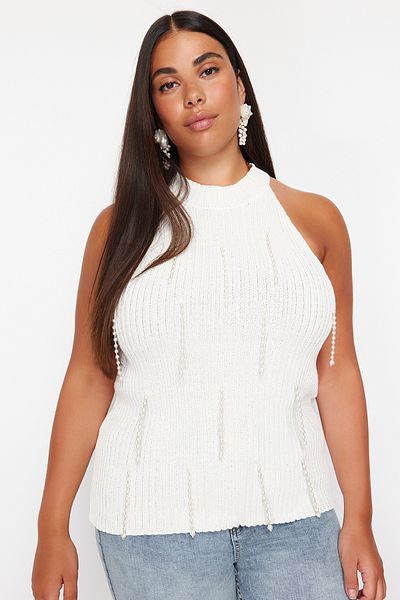 Trendyol Curve Ecru Pearl Detailed Corded Knitwear Blouse TBBSS24AF00105
