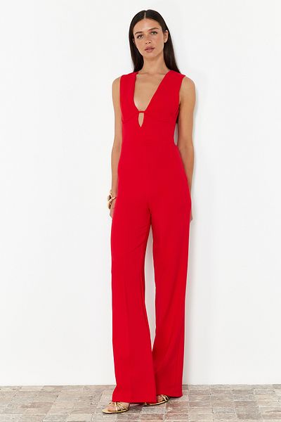 Trendyol Collection Széles lábú piros szőtt overál - béleletlen TPRSS24TU00008