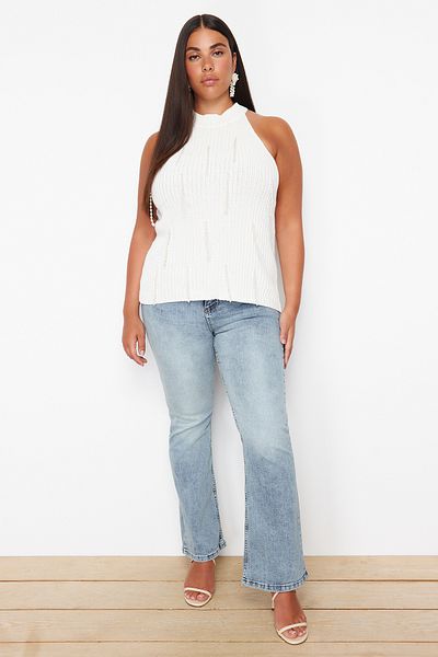 Trendyol Curve Ecru Pearl Detailed Corded Knitwear Blouse TBBSS24AF00105
