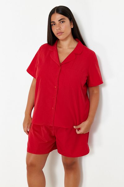 Trendyol Curve Shirt Collar Red Woven Pajamas Set - TBBSS24AI00125