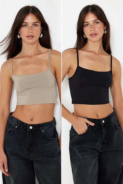 Trendyol Collection Schwarz-Nerz 2er-Pack Polyamid-Anteil Träger Crop Fitted Flexible Knitted Athlete TWOSS24AL00053