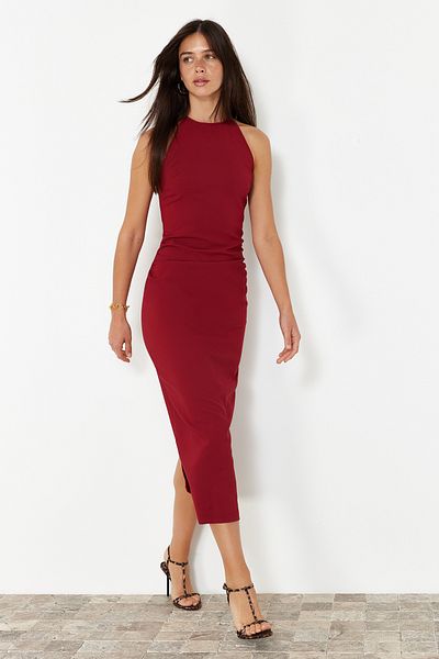 Trendyol Collection Rochie midi cu decolteu burgundă - Fustă creion, țesută, TWOSS24EL00158