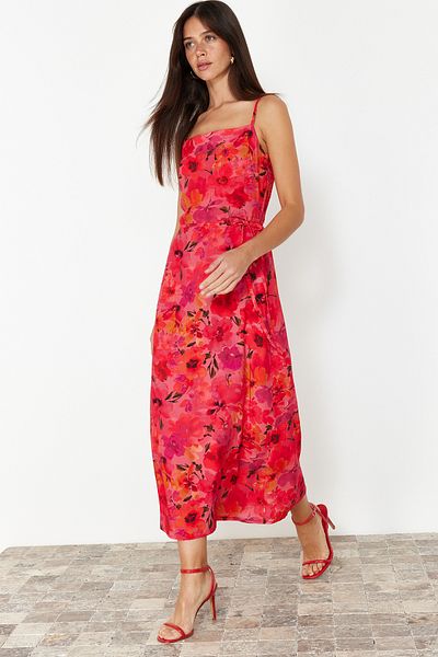 Trendyol Collection Μίντι υφαντό φόρεμα φούξια πουά σε γραμμή Α TWOSS24EL00767