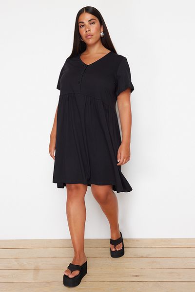 Trendyol Curve Black Mini Knitted Dress - 100% Cotton, Drawstring Detail, Sustainable TBBSS24AH00167