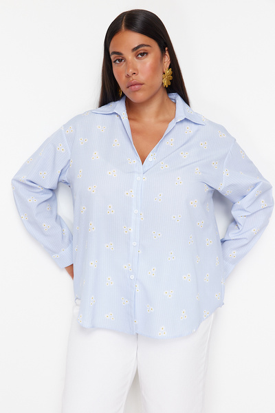 Trendyol Curve Modrá pruhovaná bavlnená bavlnená košeľa nadmernej veľkosti TBBSS24AX00038