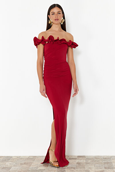 Trendyol Collection Hosszú piros kötött estélyi ruha - TPRSS24AE00082
