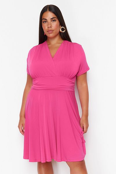 Trendyol Curve Fuchsiové dvouřadé mini pletené šaty TBBSS24AH00174