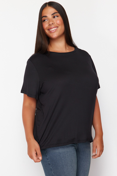 Trendyol Curve Black Basic Crew Neck Knitted Modal Fabric T-Shirt