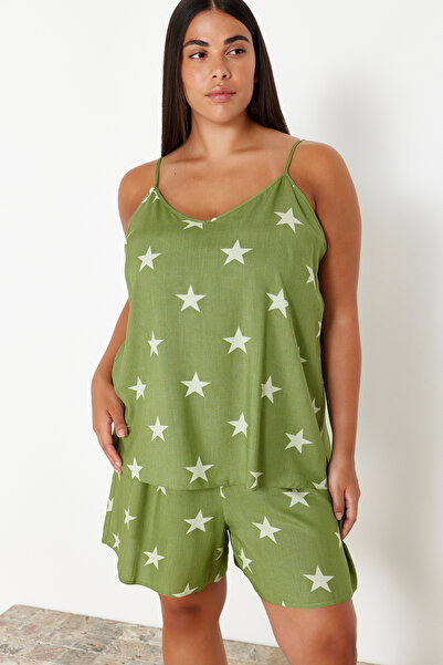 Trendyol Curve V-Neck Mint Woven Pajama Set - Star Pattern TBBSS24AI00064