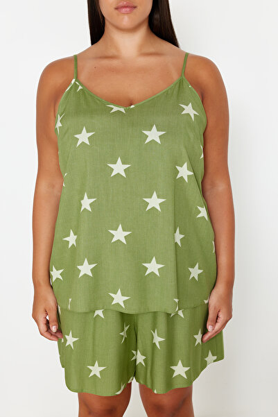 Trendyol Curve V-Neck Mint Woven Pajama Set - Star Pattern TBBSS24AI00064