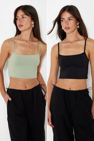 Trendyol Collection Černo-zelená 2-balení polyamidového obsahu Strappy Crop Fitt Flexibilní Pletené Athlete TWOSS24AL00053