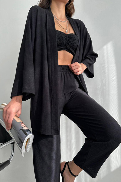 MILANOFOX طقم كيمونو وبنطلون قطني أسود - نسائي