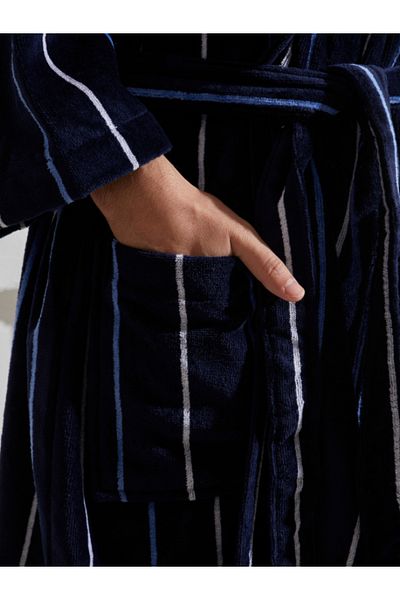 Homelover 100% bavlna Navy Blue Shalyaka Speciální design Bílý pruhovaný pánský župan