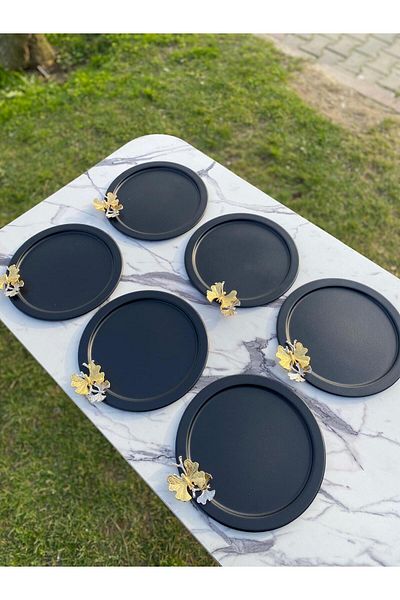 Aslı Hediyelik 6-Piece Gold Butterfly Round Black Presentation Tray, Decorative Serving Tray, Tea, Cake, Coffee 24 Cm
