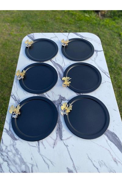 Aslı Hediyelik 6-Piece Gold Butterfly Round Black Presentation Tray, Decorative Serving Tray, Tea, Cake, Coffee 24 Cm