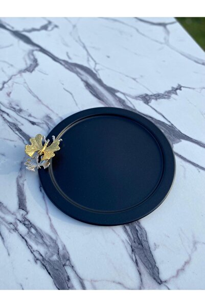 Aslı Hediyelik 6'lı Gold Kelebekli Yuvarlak Siyah Sunum Tepsisi, Dekoratif Servis Tepsisi, Çay, Pasta Kahve 24 Cm