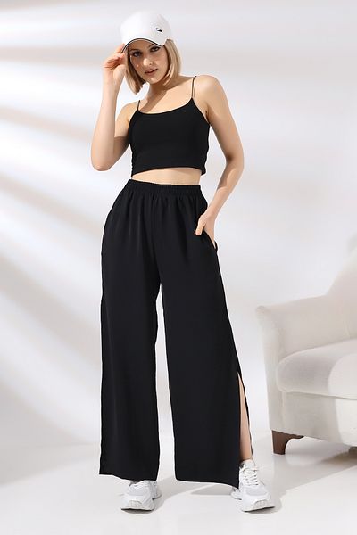 Ladies Pantaloni largi cu deschidere laterală 21143 NEGRI