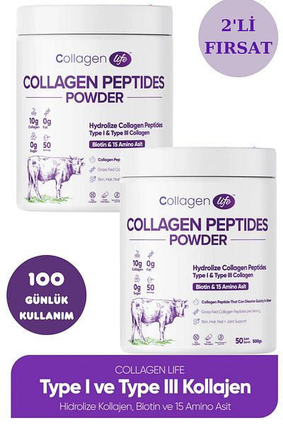 COLLAGEN LIFE Set of 2 100% Hydrolyzed Collagen Peptides - Biotin and 15 Amino Acid Food Supplement