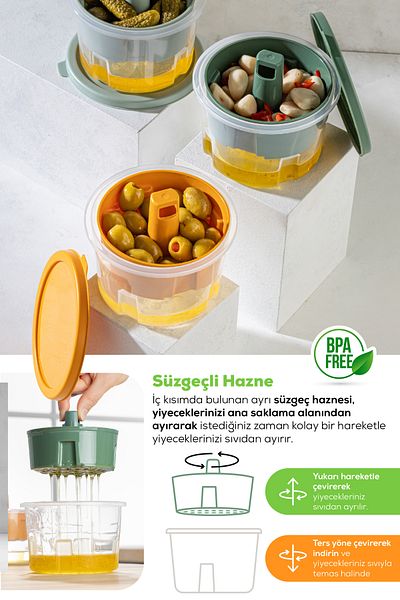 Vienev Presentation Olive Pickle Cheese Multi-Purpose Storage Container with Strainer Yellow