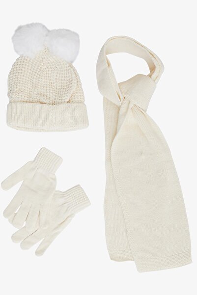Kitti Набір шарфів і шапок для дівчаток 9-15 років - 3 штуки, з гербом і двома помпонами, екрю