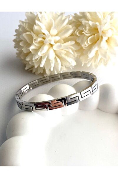 JustGAF الفضة / الفضة اللون اليوناني نمط الصلب تكبل سوار