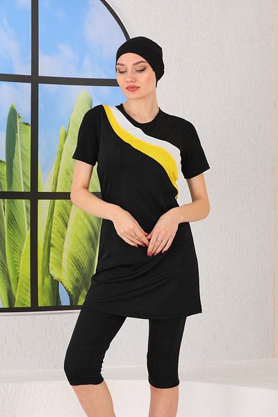 ASLINUR GİYİM Yellow and White Lycra Hijab Swimsuit - Semi Covered