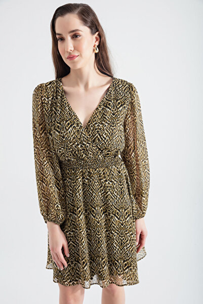 Lafaba Kadın Siyah Kruvaze Yaka Desenli Mini Elbise