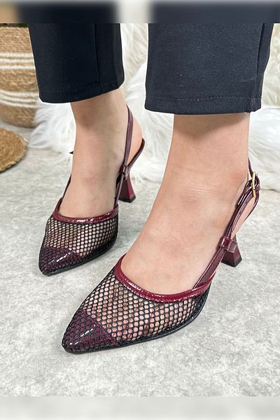 İmerShoes Burgundy Black Mesh - Women's Evening Dress with Open Back Buckle and Thin Heels 923