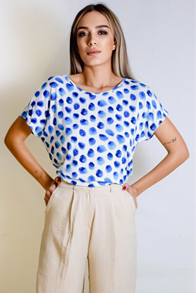 ARESMODA تي شيرت نسائي أبيض أزرق مطبوع من الفسكوز برقبة دائرية