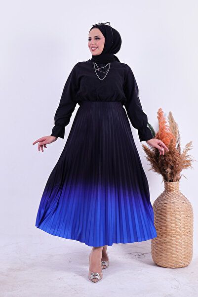 HMT ZEHRA GİYİM Modrá plisovaná letní přechodná sukně 90 cm Saks