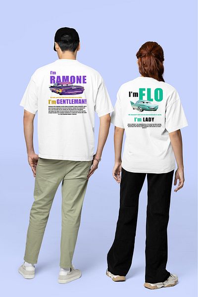 dexerwear Tricou unisex supradimensionat alb cu imprimeu pe spate Ramone și Flo - 2 pachete Cars