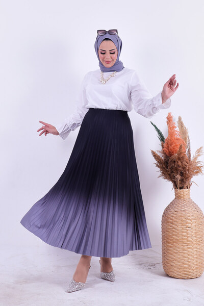 HMT ZEHRA GİYİM 90 cm Length Gray Pleated Summer Skirt - Color Transition Flared Fit