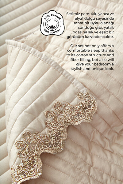 Evlen Home Collection %100 Pamuk Çift Kişilik Yatak Örtüsü Mihrimah Dantelli Pike Takımı Set Bej