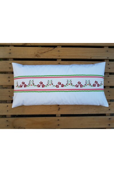 BEGÜLDAN ELDE KANAVİÇE KIRMIZI ZİNCİR ÇİÇEKLİ YASTIK 38x78CM BEG_2364