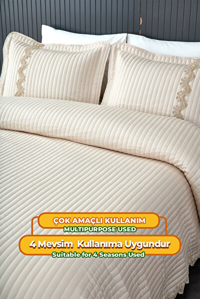 Evlen Home Collection %100 Pamuk Çift Kişilik Yatak Örtüsü Mihrimah Dantelli Pike Takımı Set Bej