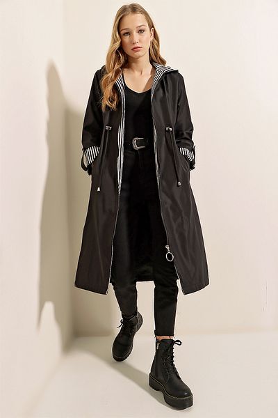 Bigdart Model 9091 - Trench negru cu glugă și cu șnur în talie
