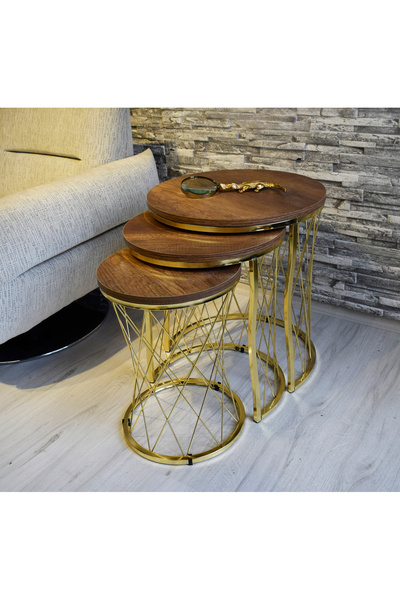 SEDAŞ LIVING UNITS Hasır Telli Koyu Ceviz Gold Metal Ayak Zigon Sehpa