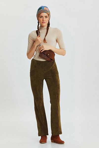 Clandestino evazat Y talie înaltă F material reiat Pantaloni din velur kaki