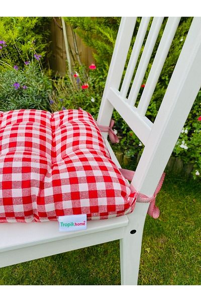 Tropikhome Red Plaid Patterned Cotton Chair Cushion - Square Decorative, 40x40 cm