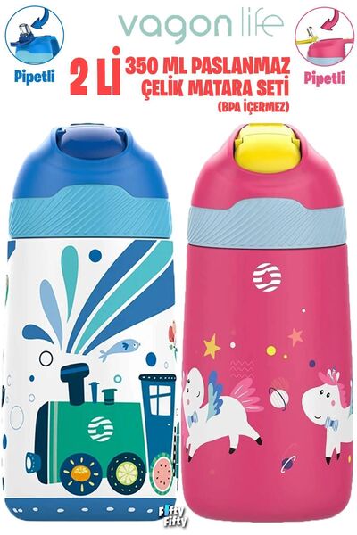 Vagonlife 2'Lİ SET 350 ML Çocuk Pipetli Çelik Matara Paslanmaz Çelik Termos 5...