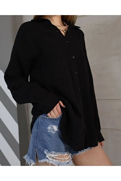 Mitay Kadın Müslin Kumaş Cepli Oversize Gömlek Pamuk Keten